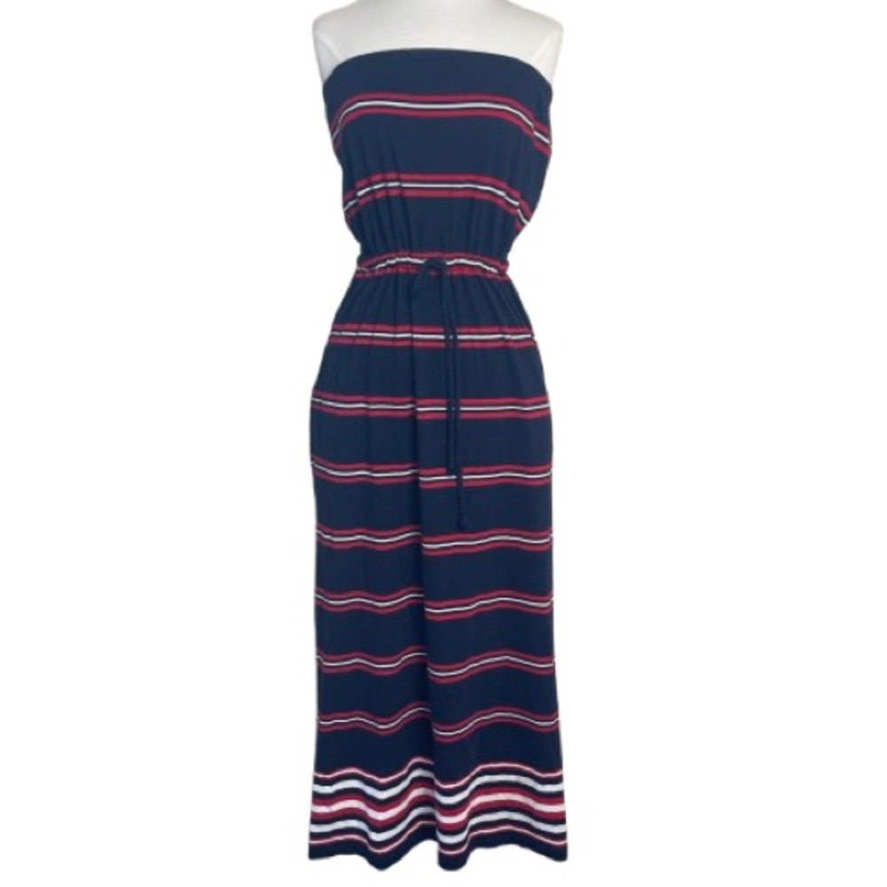 Tommy Hilfiger Strapless Red, White, Blue Striped Maxi Dress with Pockets | M - Picture 4 of 14